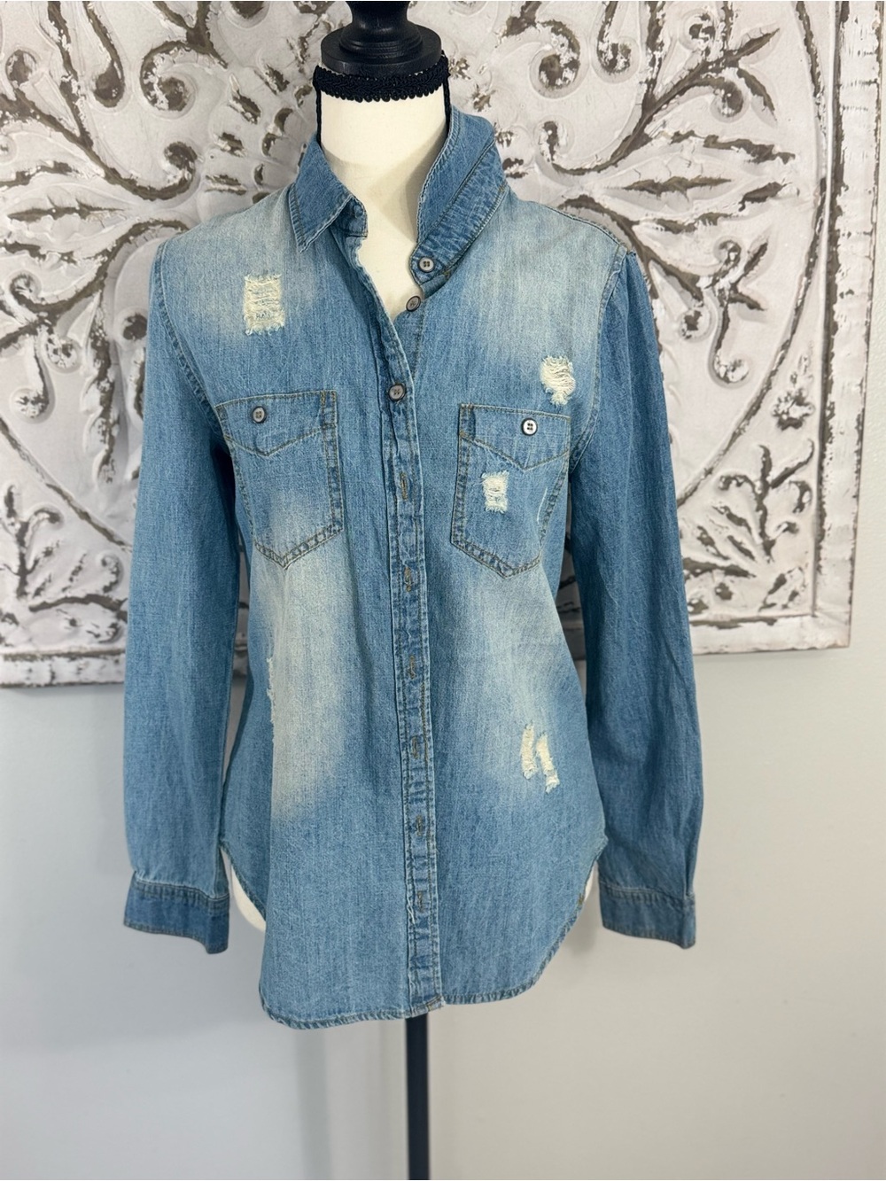 Rue21 Distressed Chambray Button Down – Size Small